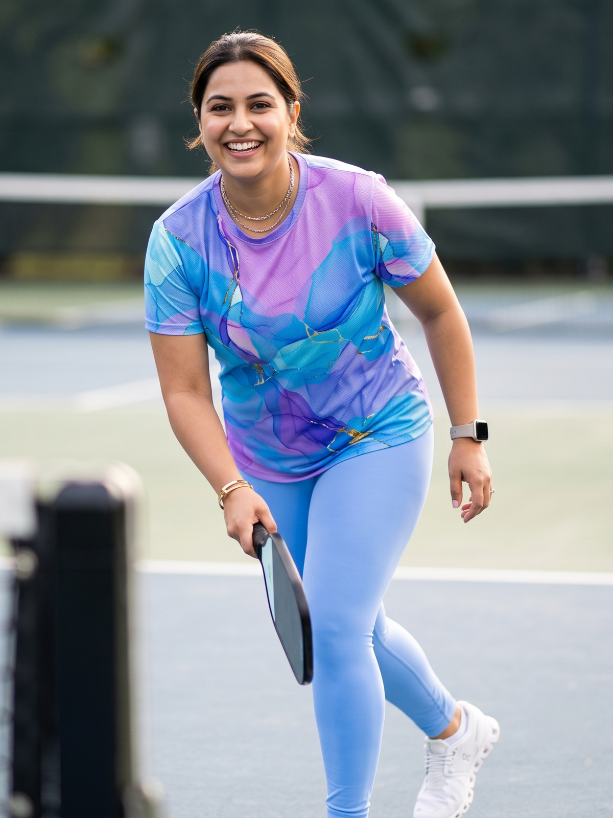 Classy Fluid Art Print | Activewear Coord Set Tshirt With Tummy Tuck Blue Leggings | Multi Sport | Odour Free