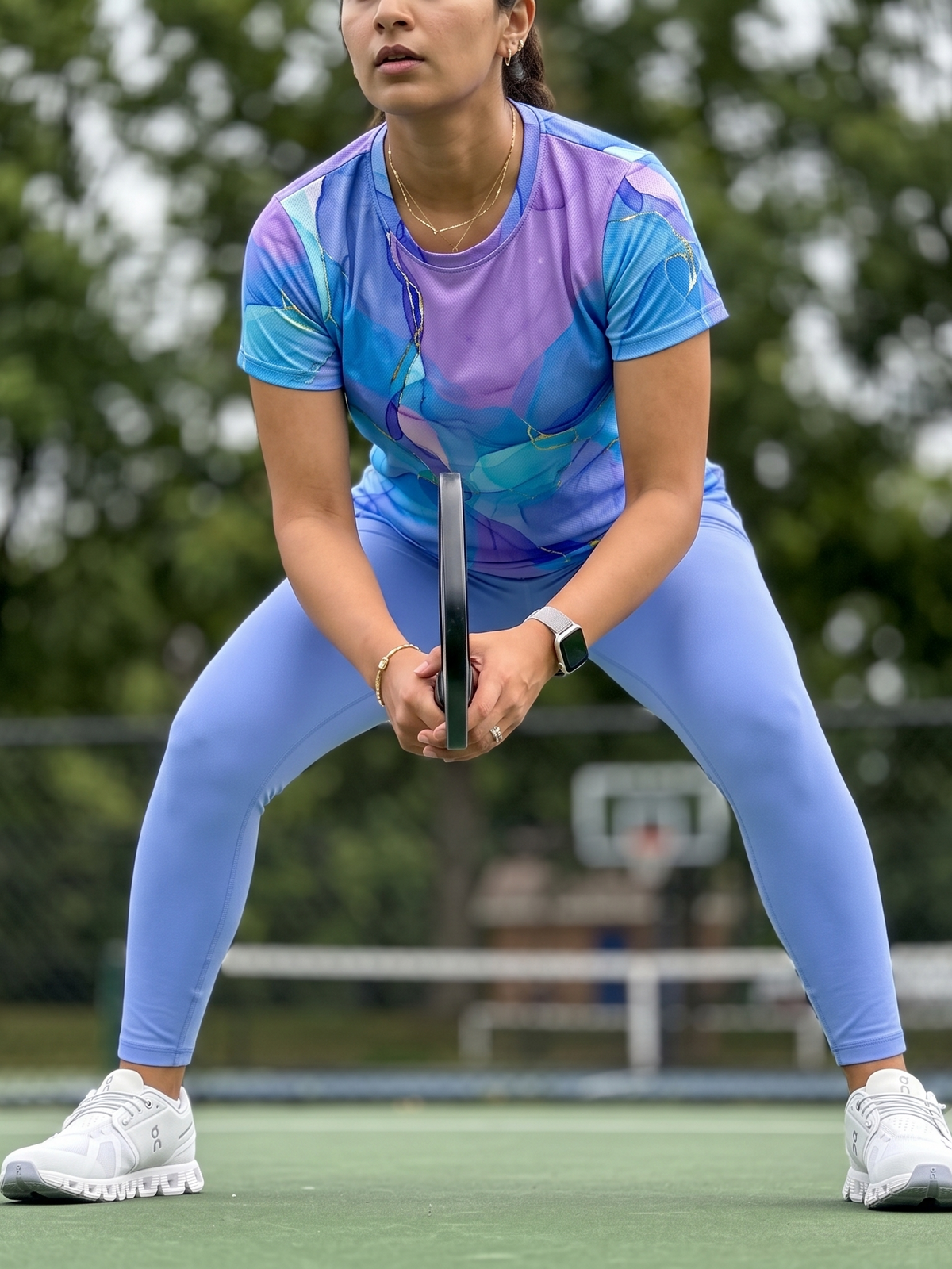 Classy Fluid Art Print | Activewear Coord Set Tshirt With Tummy Tuck Blue Leggings | Multi Sport | Odour Free