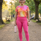 Graceful Fluid Art Print | Activewear Coord Set Tshirt With Tummy Tuck Pink Leggings | Multi Sport | Odour Free