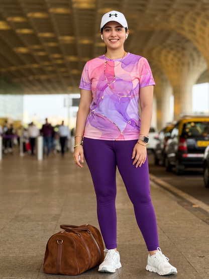 Polished Fluid Art Print | Activewear Coord Set Tshirt With Tummy Tuck Purple Leggings | Multi Sport | Odour Free