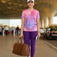 Polished Fluid Art Print | Activewear Coord Set Tshirt With Tummy Tuck Purple Leggings | Multi Sport | Odour Free