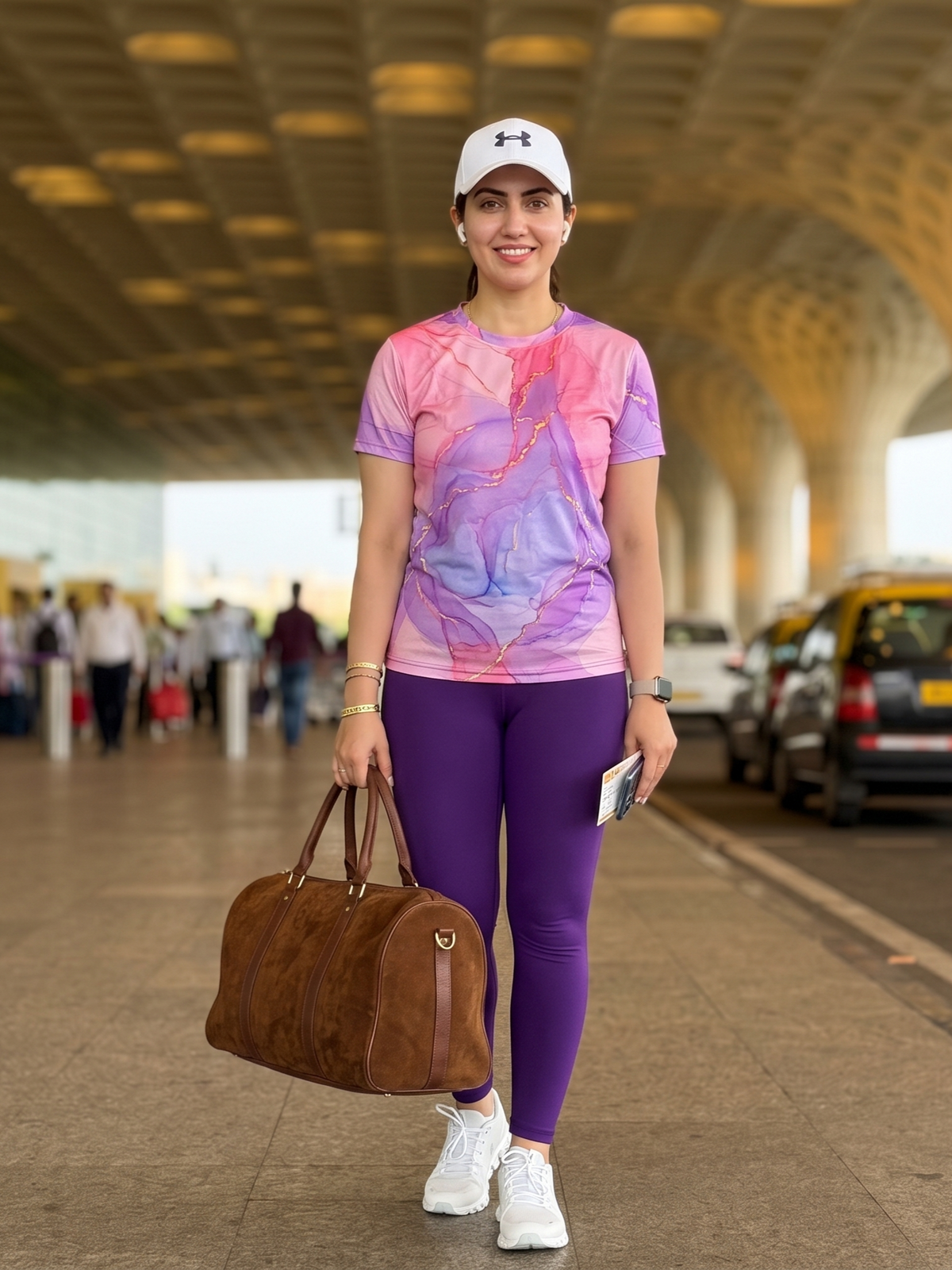 Polished Fluid Art Print | Activewear Coord Set Tshirt With Tummy Tuck Purple Leggings | Multi Sport | Odour Free