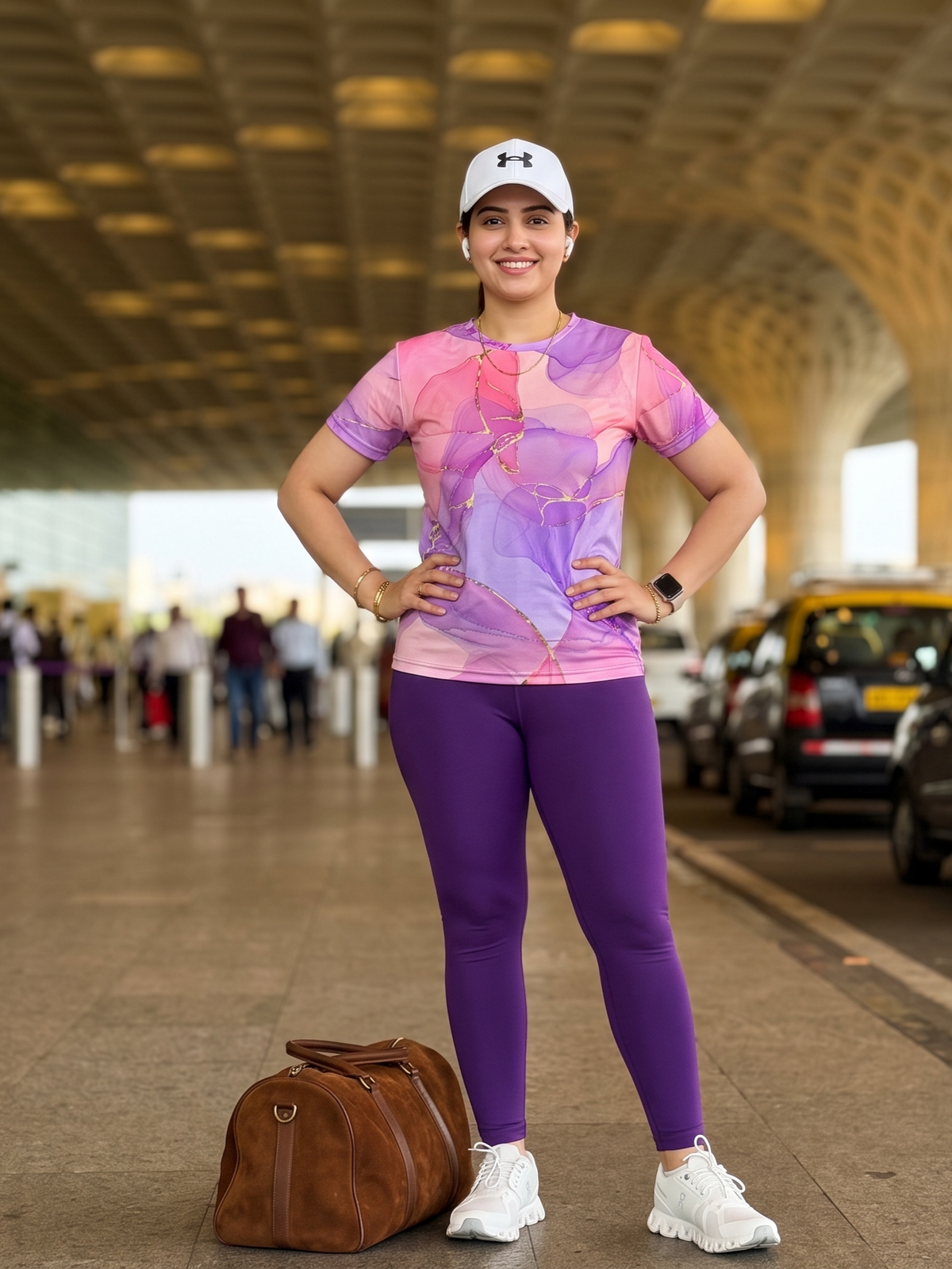 Polished Fluid Art Print | Activewear Coord Set Tshirt With Tummy Tuck Purple Leggings | Multi Sport | Odour Free