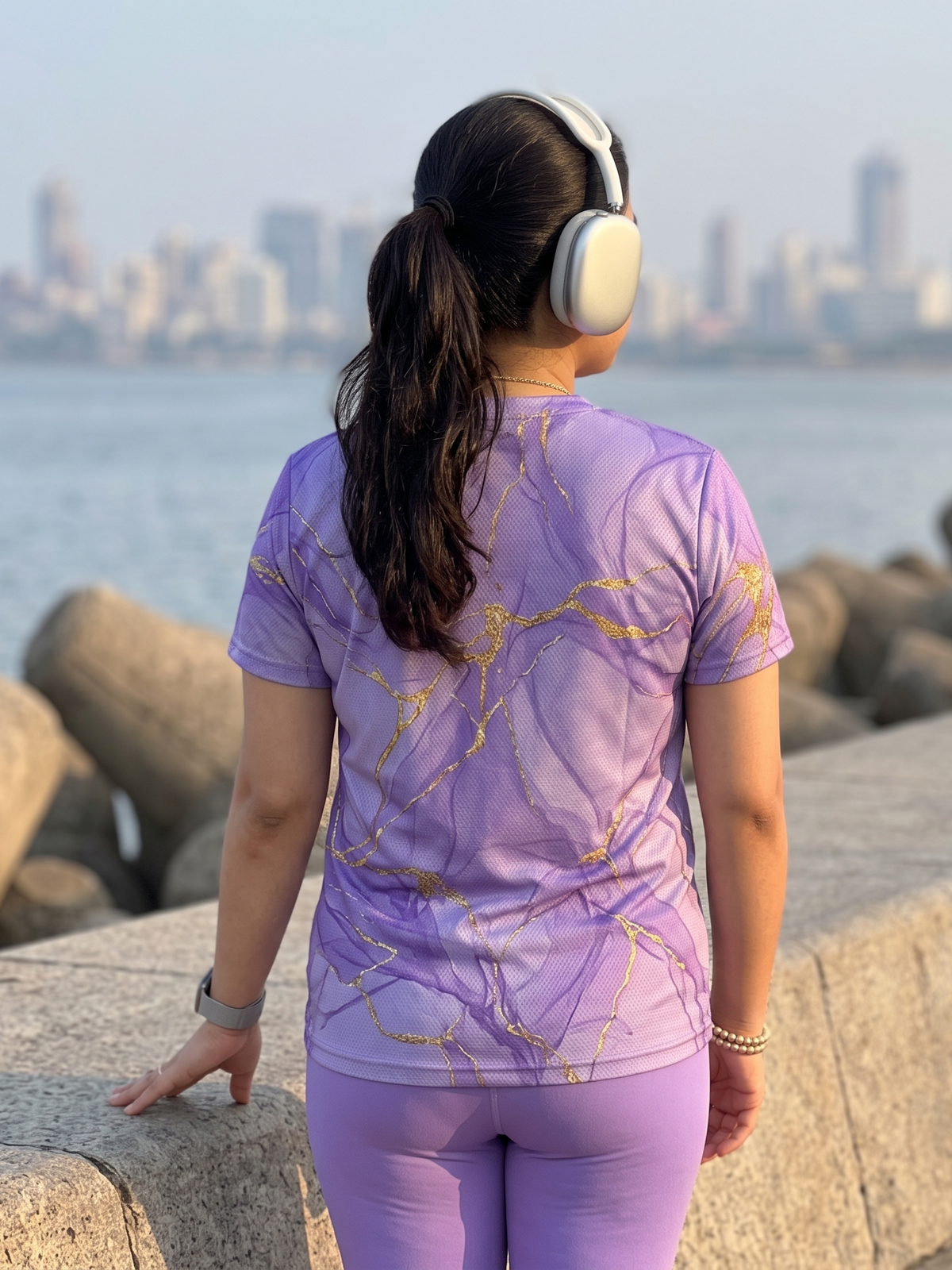 Refined Fluid Art Print | Activewear Coord Set Tshirt With Tummy Tuck Purple Leggings | Multi Sport | Odour Free