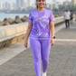 Refined Fluid Art Print | Activewear Coord Set Tshirt With Tummy Tuck Purple Leggings | Multi Sport | Odour Free