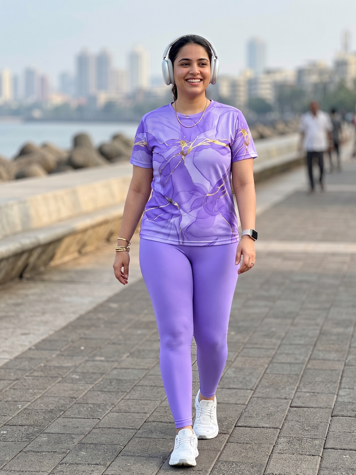 Refined Fluid Art Print | Activewear Coord Set Tshirt With Tummy Tuck Purple Leggings | Multi Sport | Odour Free