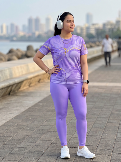 Refined Fluid Art Print | Activewear Coord Set Tshirt With Tummy Tuck Purple Leggings | Multi Sport | Odour Free