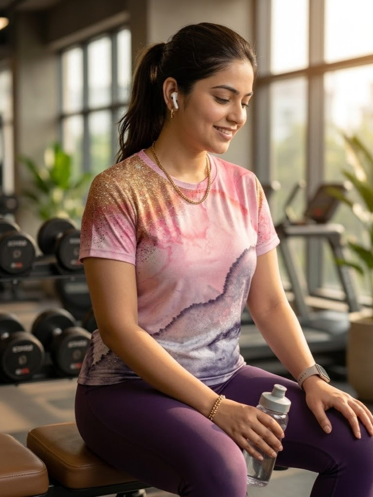 Stunning Fluid Art Print | Activewear Coord Set Tshirt With Tummy Tuck Brown Leggings | Multi Sport | Odour Free