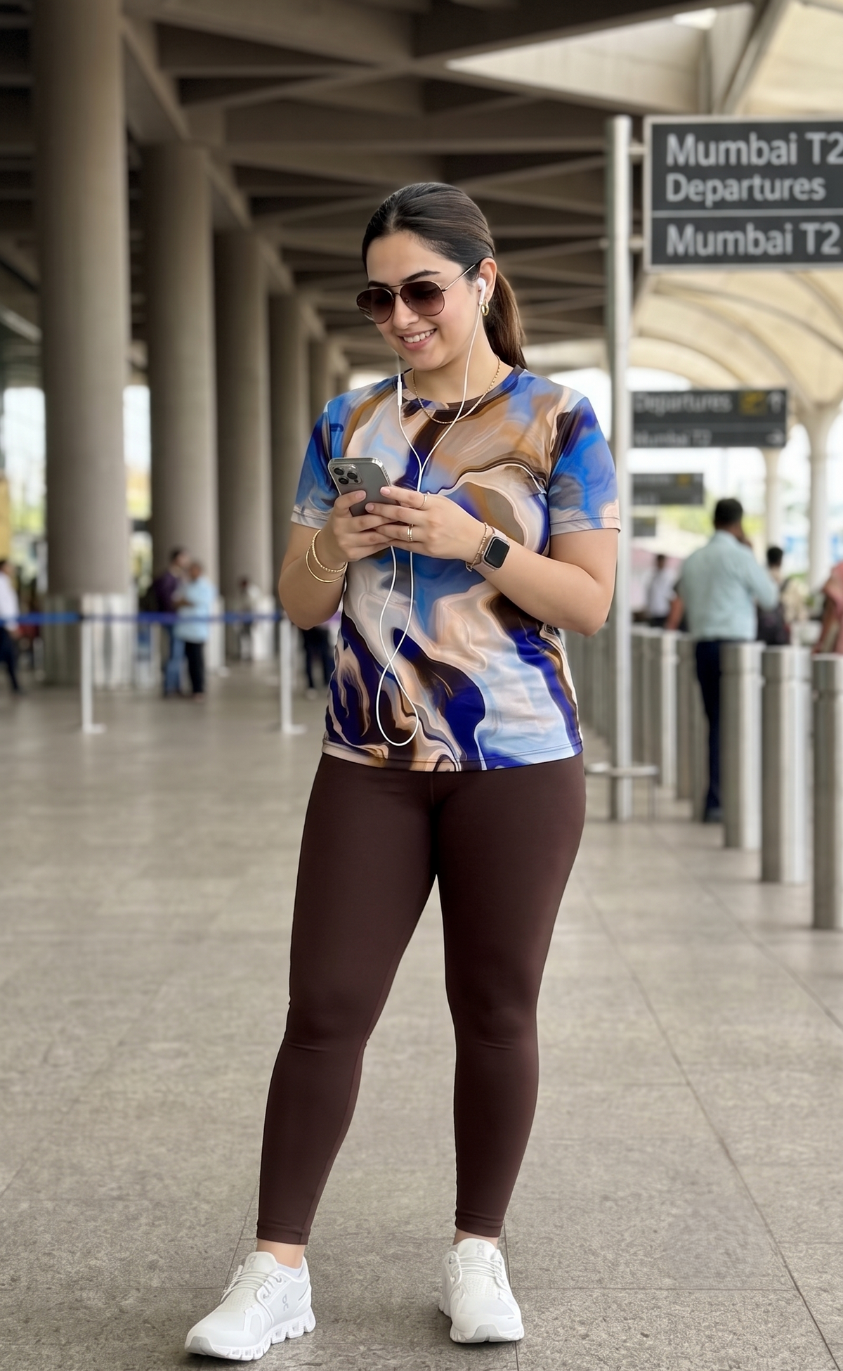 Amazing Fluid Art Print | Activewear Coord Set Tshirt With Tummy Tuck Brown Leggings | Multi Sport | Odour Free
