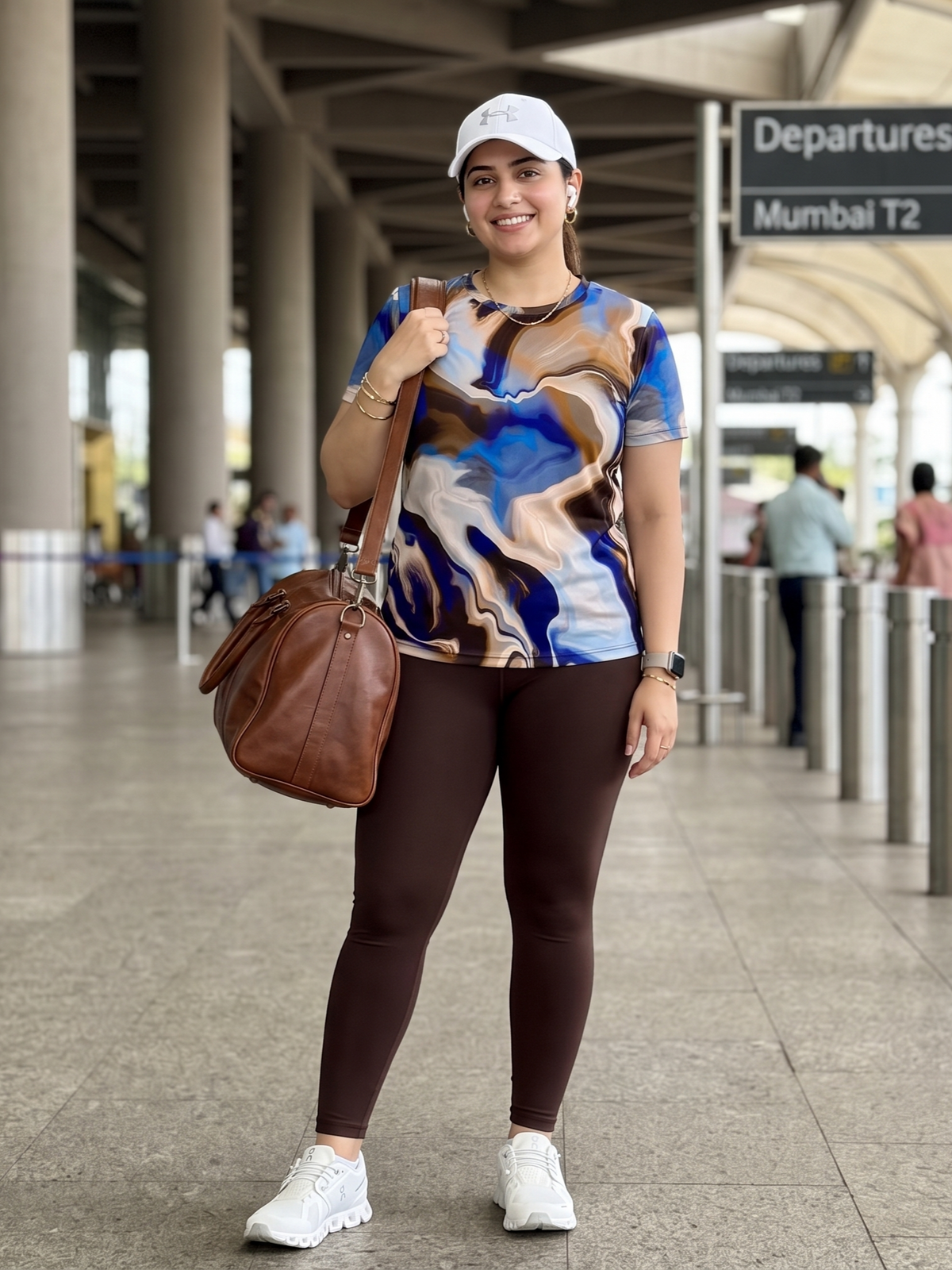 Amazing Fluid Art Print | Activewear Coord Set Tshirt With Tummy Tuck Brown Leggings | Multi Sport | Odour Free