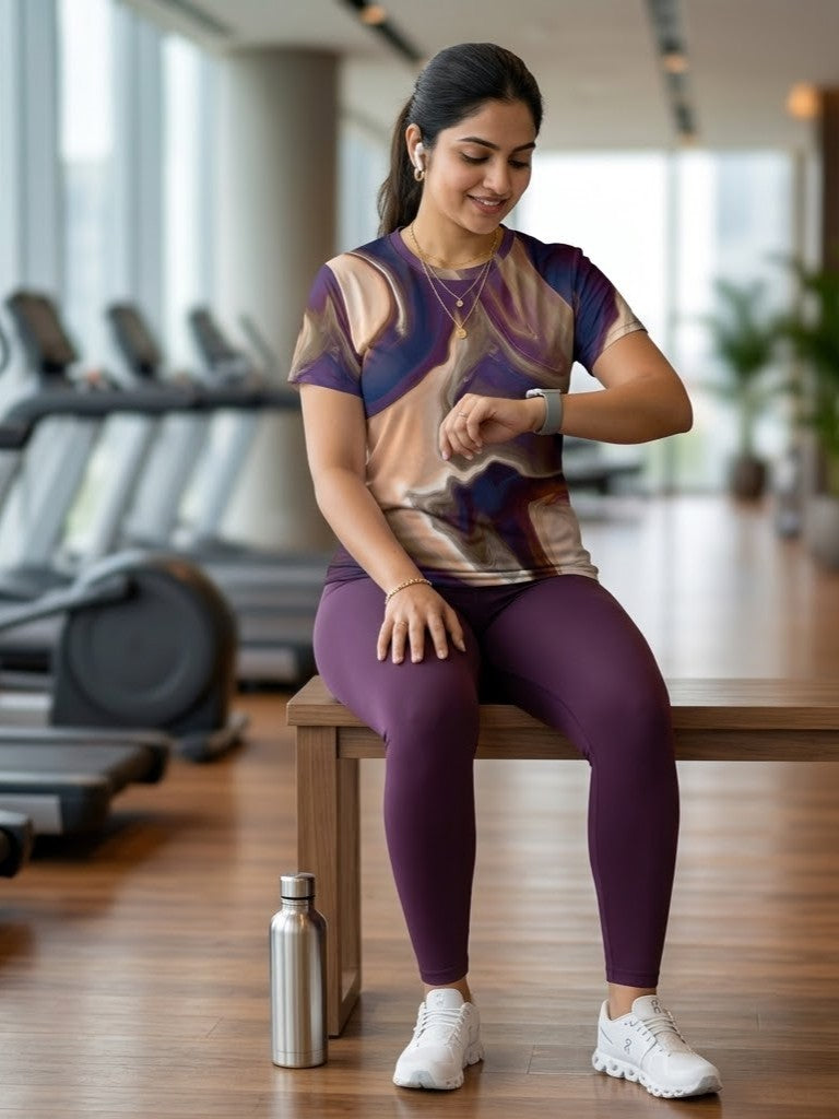 Impressive Fluid Art Print | Activewear Coord Set Tshirt With Tummy Tuck Wine Leggings | Multi Sport | Odour Free