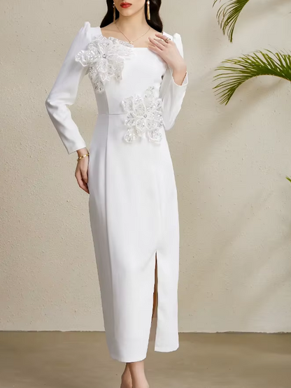 Fabulous Square Collar Slit Slim Flower Decor Long Sleeve White Party Dress