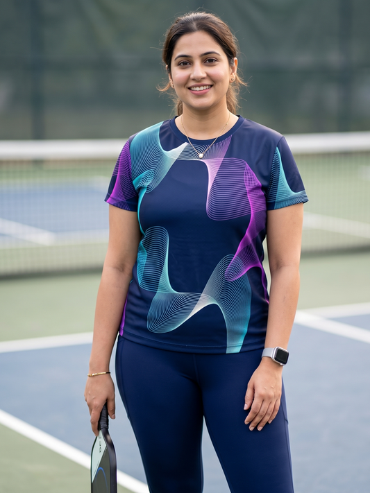 Splendid Spiral Print | Activewear Coord Set Tshirt With Tummy Tuck Blue Leggings | Multi Sport | Odour Free