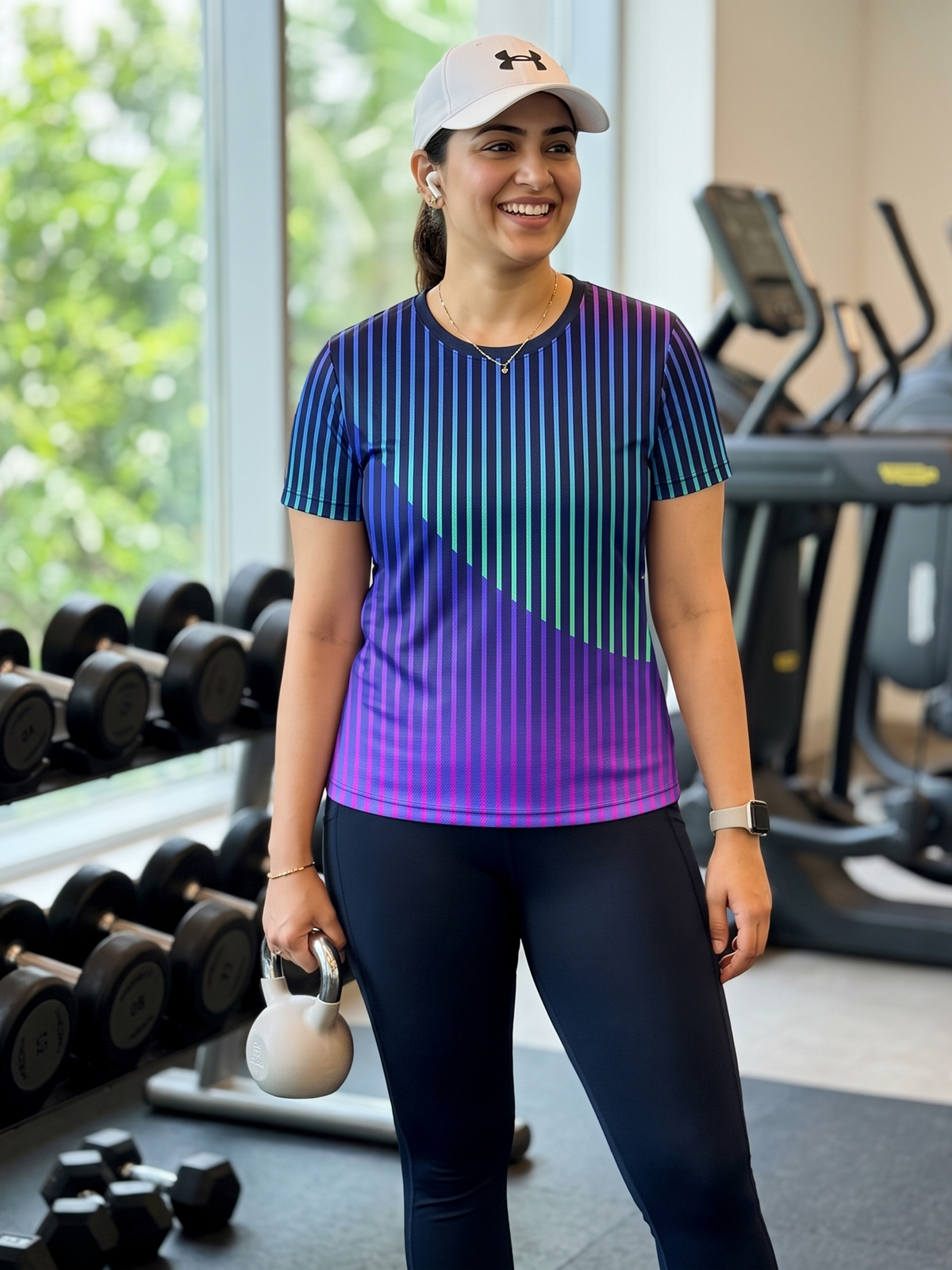 Evergreen Lines Print | Activewear Coord Set Tshirt With Tummy Tuck Black Leggings | Multi Sport | Odour Free