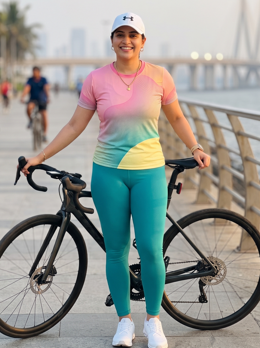 Sweet Abstract Print | Activewear Coord Set Tshirt With Tummy Tuck Blue Leggings | Multi Sport | Odour Free