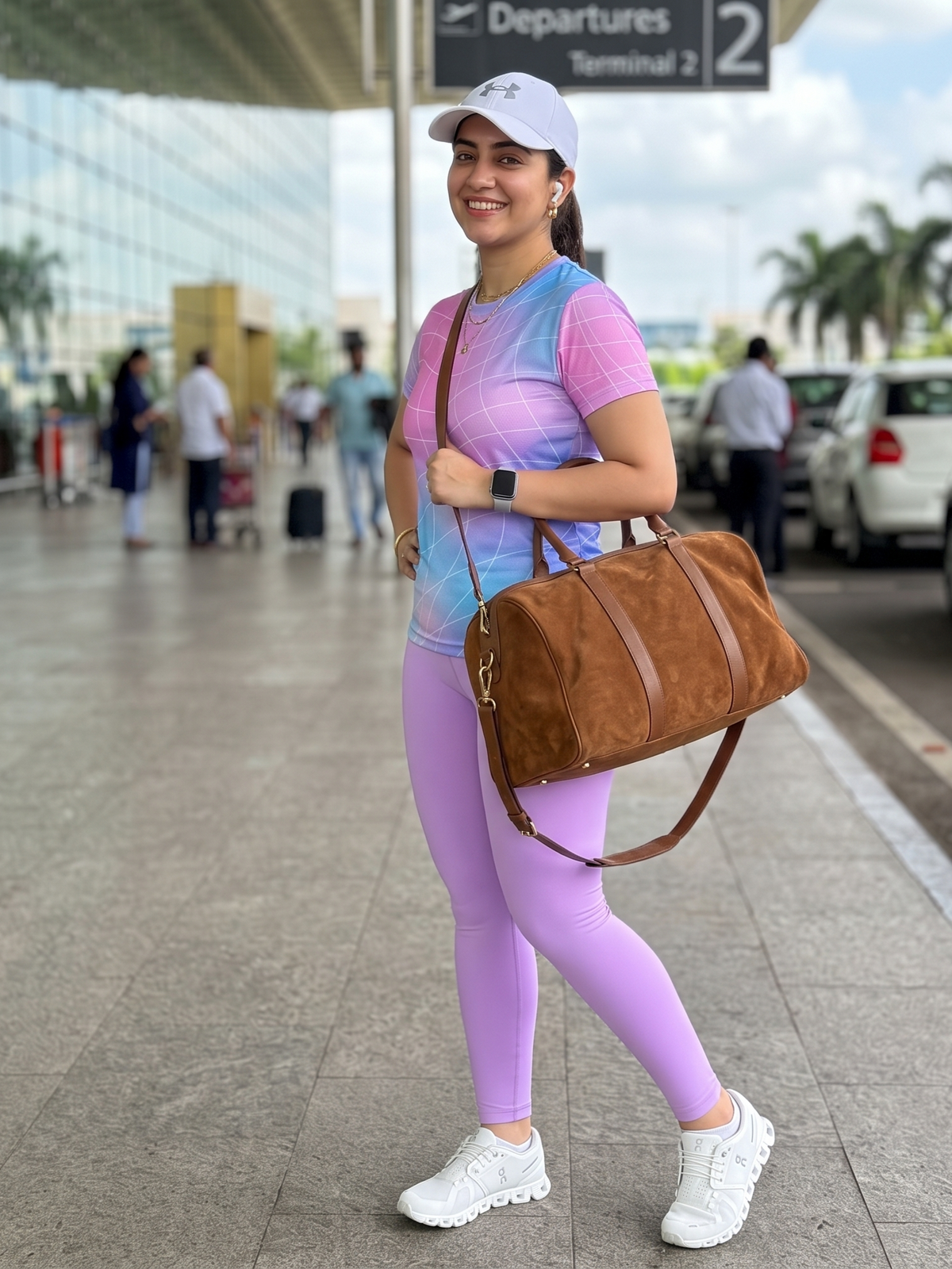 Innovative Sway Lines Print | Activewear Coord Set Tshirt With Tummy Tuck Purple Leggings | Multi Sport | Odour Free