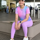 Innovative Sway Lines Print | Activewear Coord Set Tshirt With Tummy Tuck Purple Leggings | Multi Sport | Odour Free