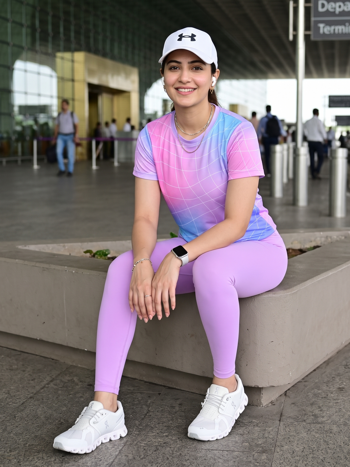 Innovative Sway Lines Print | Activewear Coord Set Tshirt With Tummy Tuck Purple Leggings | Multi Sport | Odour Free
