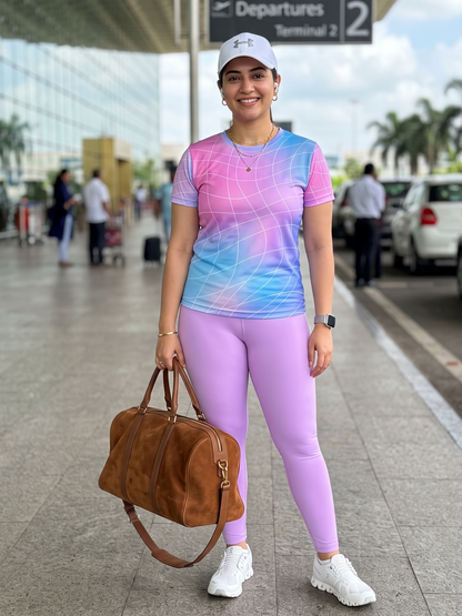 Innovative Sway Lines Print | Activewear Coord Set Tshirt With Tummy Tuck Purple Leggings | Multi Sport | Odour Free