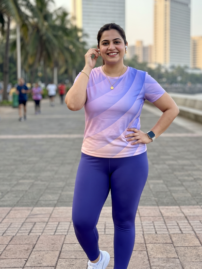 Fantastic Sway Lines Print | Activewear Coord Set Tshirt With Tummy Tuck Purple Leggings | Multi Sport | Odour Free