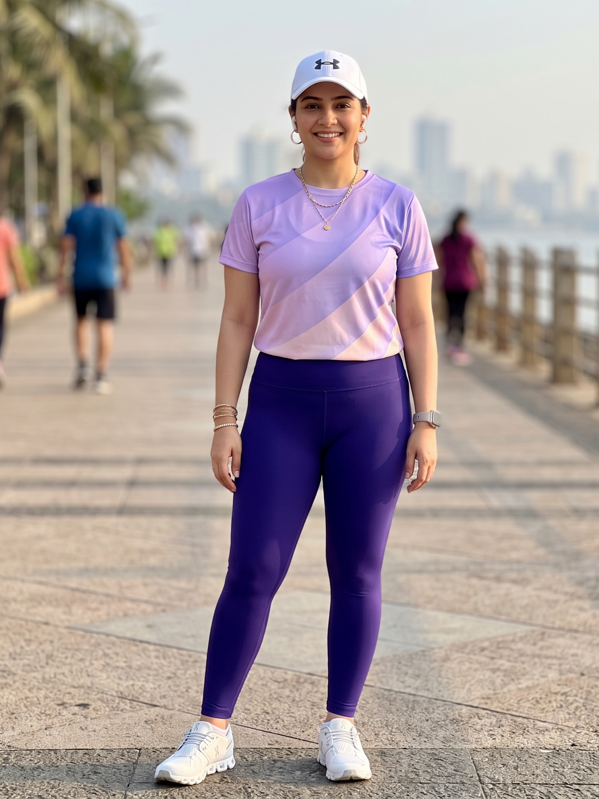 Fantastic Sway Lines Print | Activewear Coord Set Tshirt With Tummy Tuck Purple Leggings | Multi Sport | Odour Free