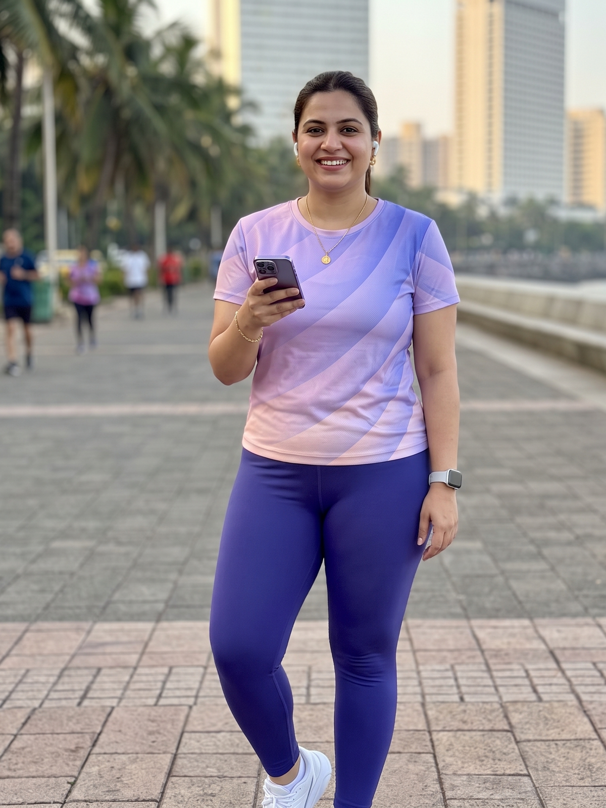 Fantastic Sway Lines Print | Activewear Coord Set Tshirt With Tummy Tuck Purple Leggings | Multi Sport | Odour Free