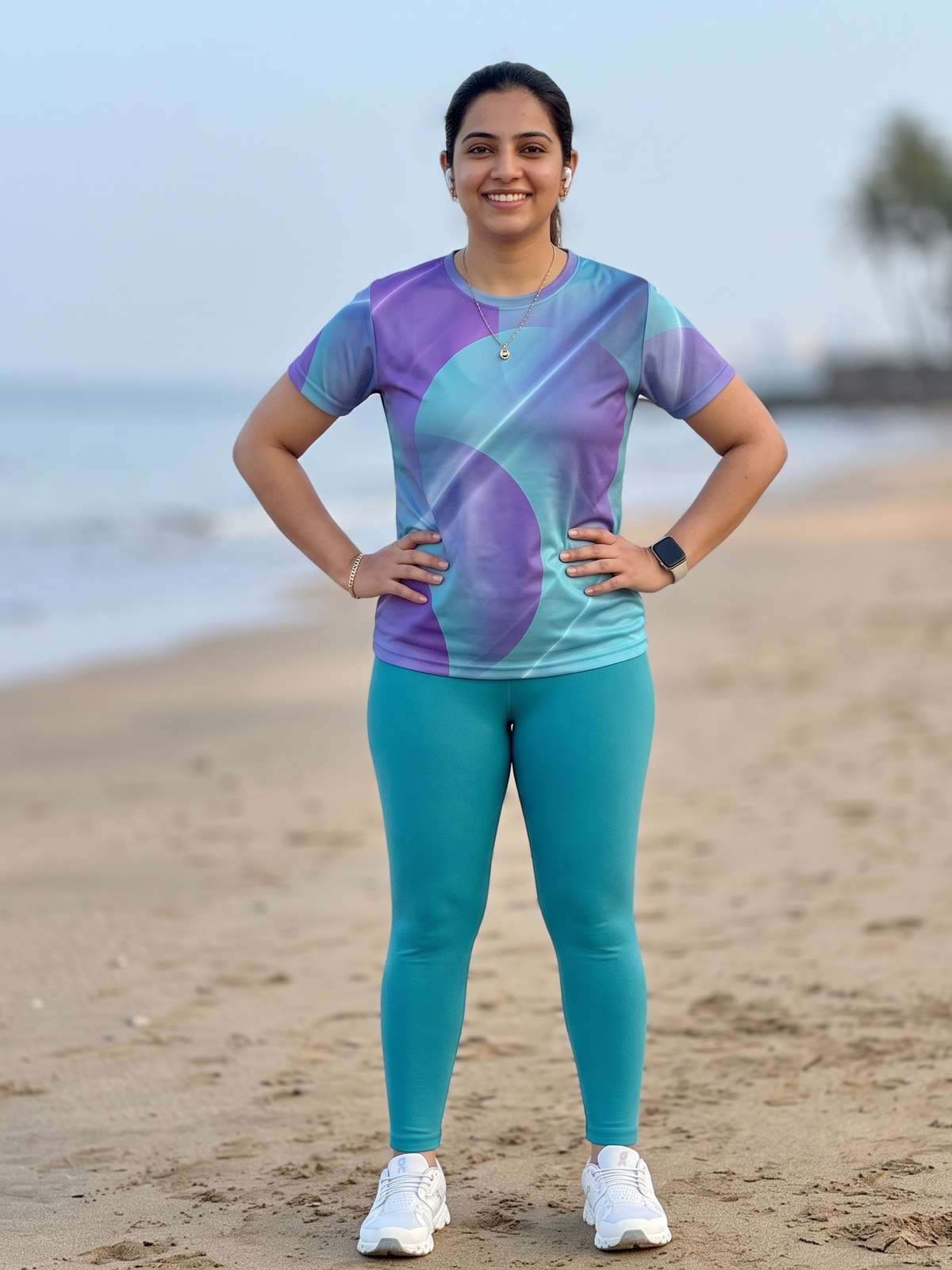 Super Abstract Print | Activewear Coord Set Tshirt With Tummy Tuck Purple Leggings | Multi Sport | Odour Free