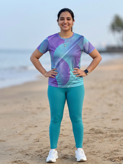 Super Abstract Print | Activewear Coord Set Tshirt With Tummy Tuck Purple Leggings | Multi Sport | Odour Free