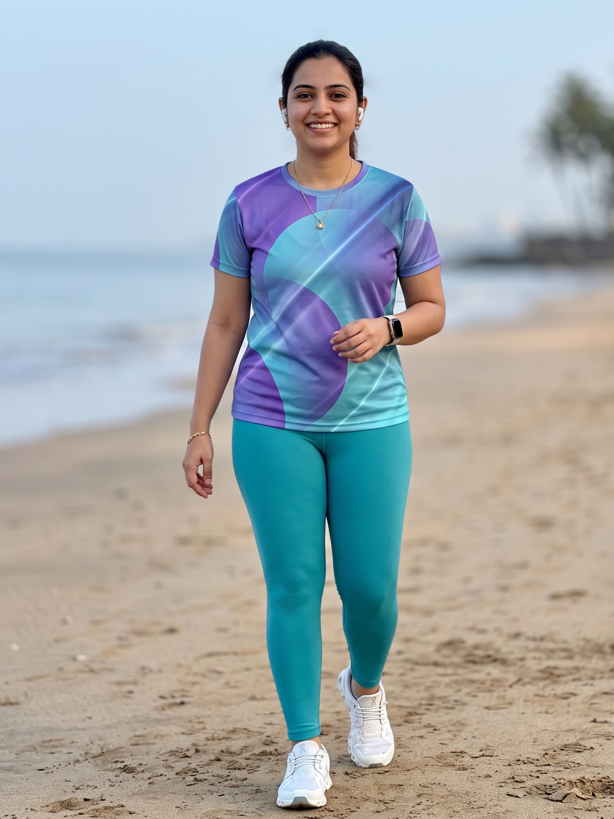 Super Abstract Print | Activewear Coord Set Tshirt With Tummy Tuck Purple Leggings | Multi Sport | Odour Free