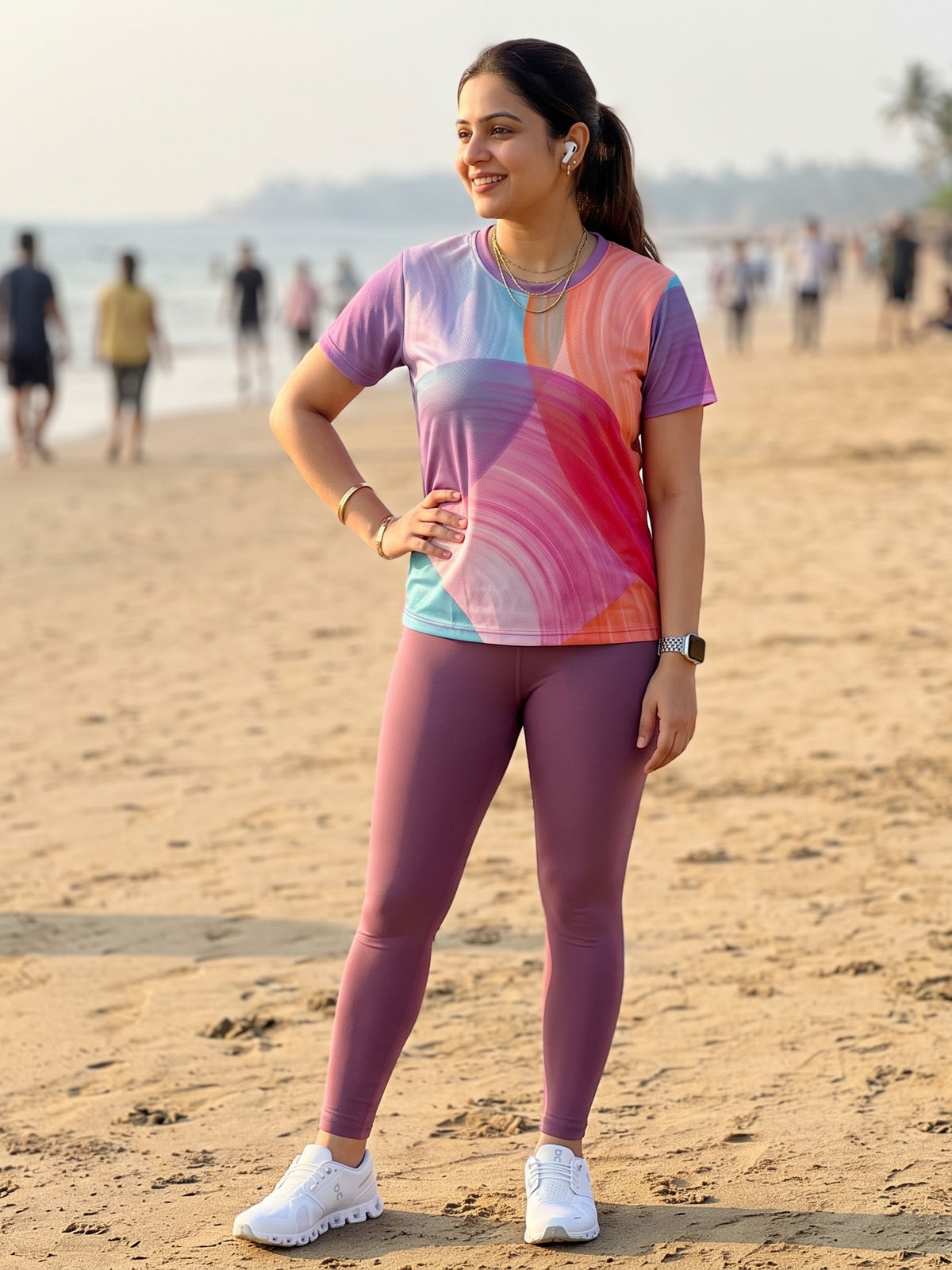 Subtle Circular Print | Activewear Coord Set Tshirt With Tummy Tuck Leggings | Multi Sport | Odour Free