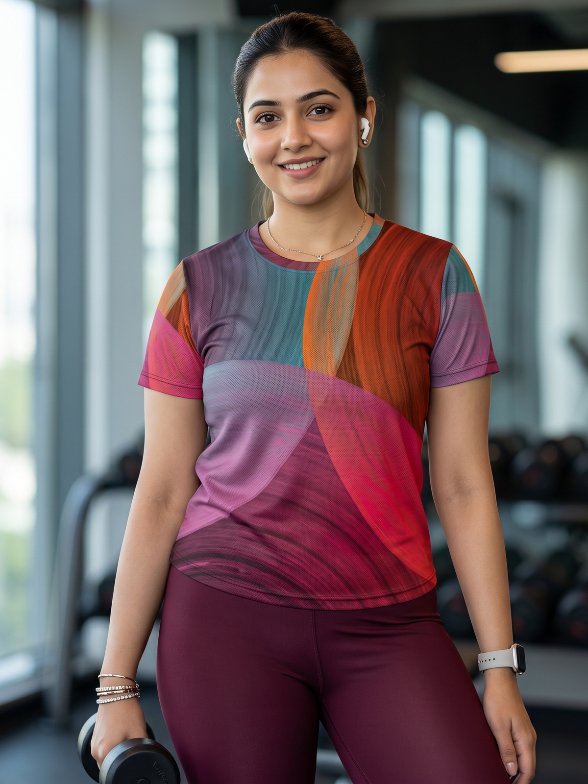Bright Circular Print | Activewear Coord Set Tshirt With Tummy Tuck Wine Leggings | Multi Sport | Odour Free