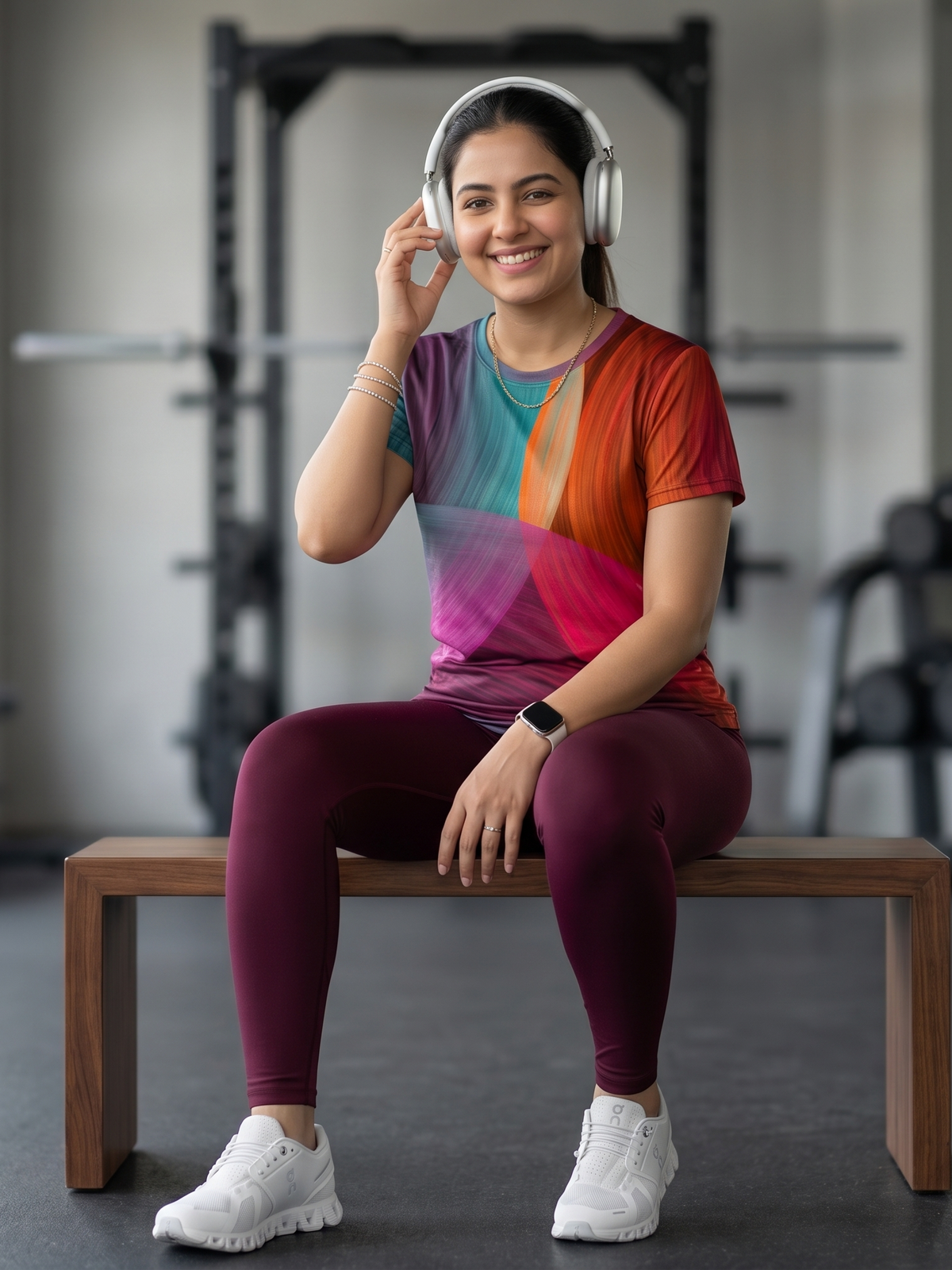 Bright Circular Print | Activewear Coord Set Tshirt With Tummy Tuck Wine Leggings | Multi Sport | Odour Free