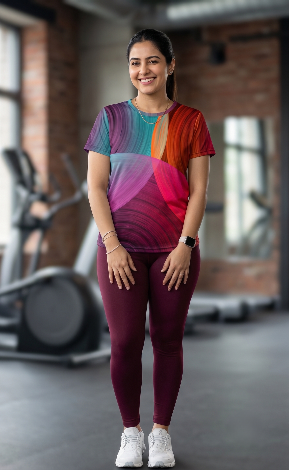 Bright Circular Print | Activewear Coord Set Tshirt With Tummy Tuck Wine Leggings | Multi Sport | Odour Free