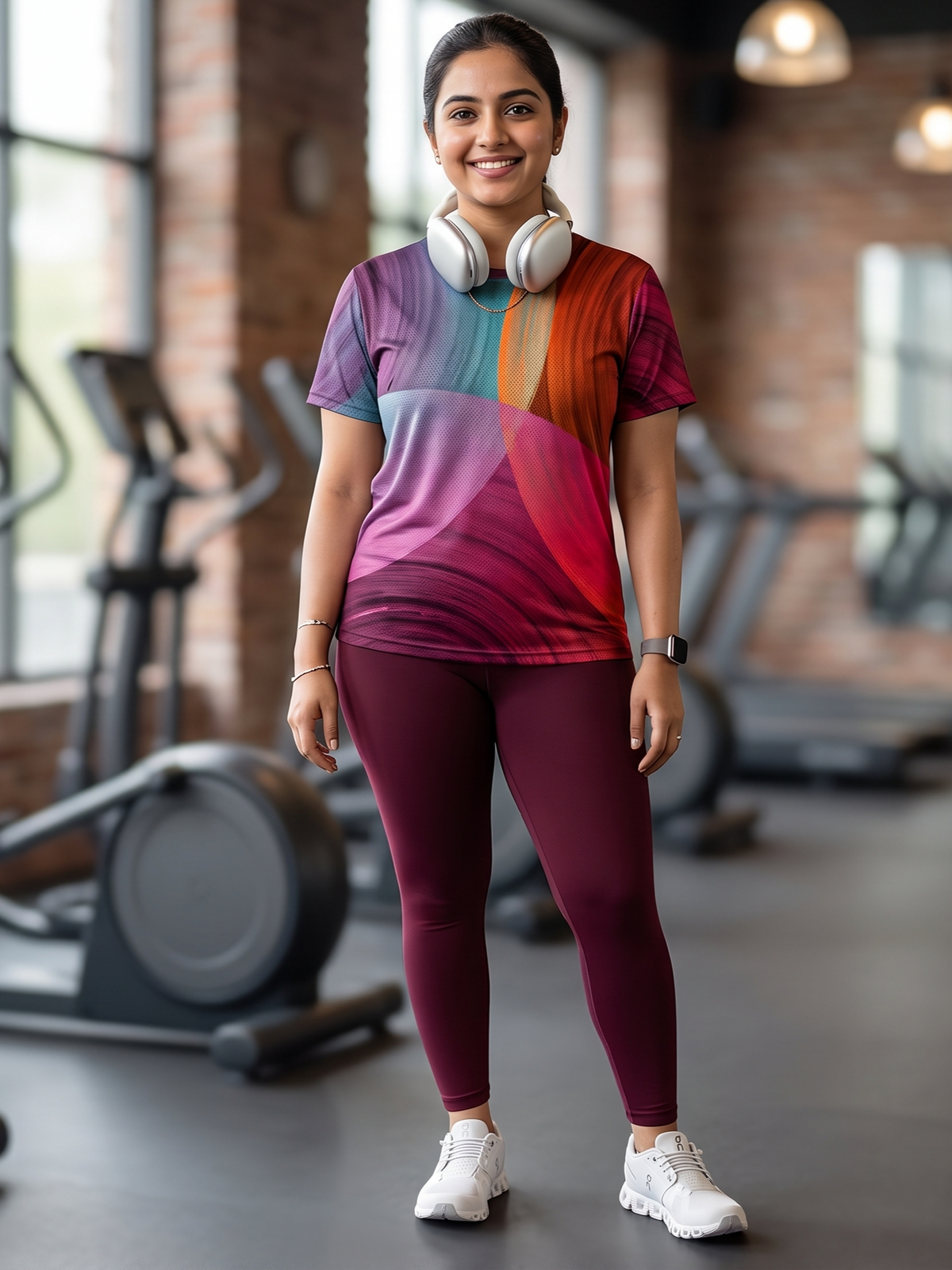 Bright Circular Print | Activewear Coord Set Tshirt With Tummy Tuck Wine Leggings | Multi Sport | Odour Free