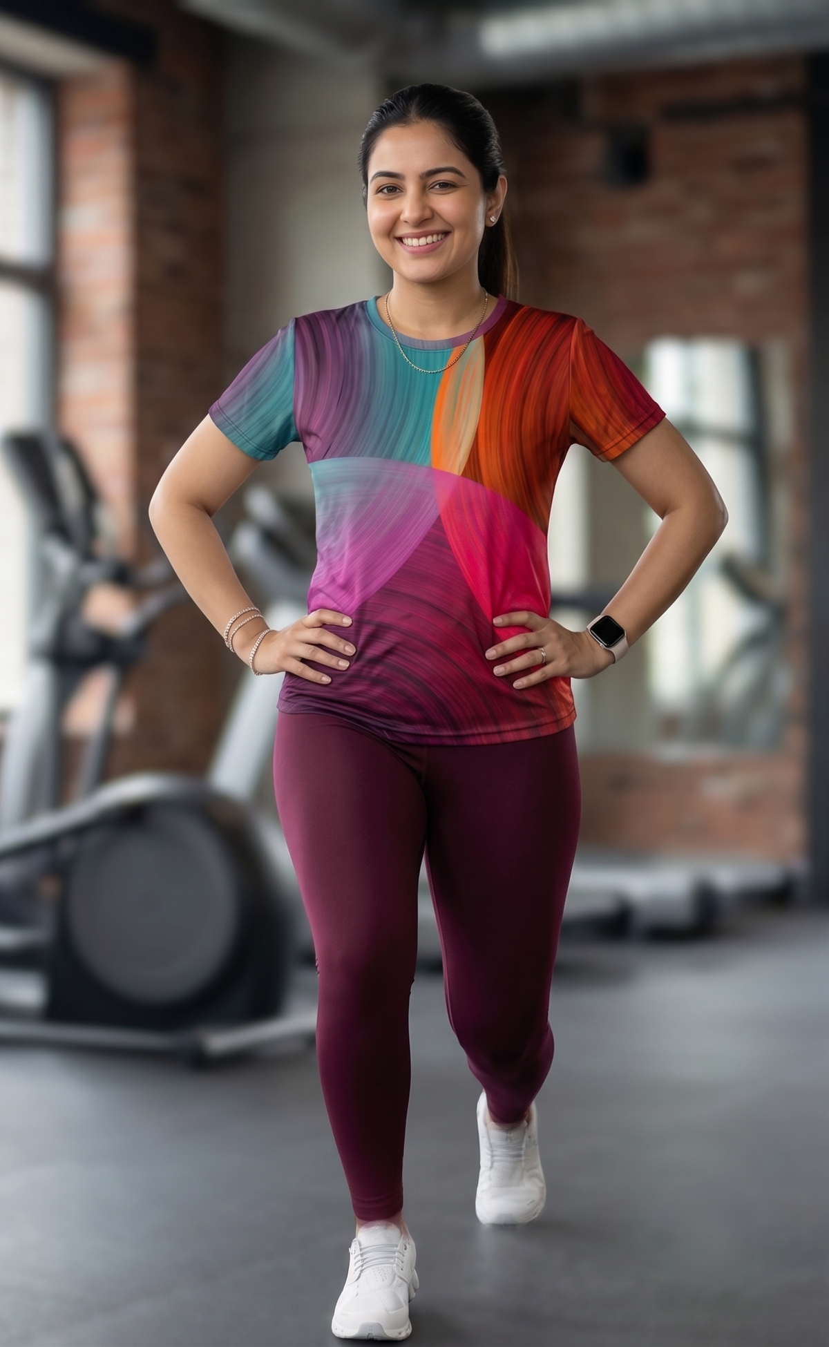Bright Circular Print | Activewear Coord Set Tshirt With Tummy Tuck Wine Leggings | Multi Sport | Odour Free