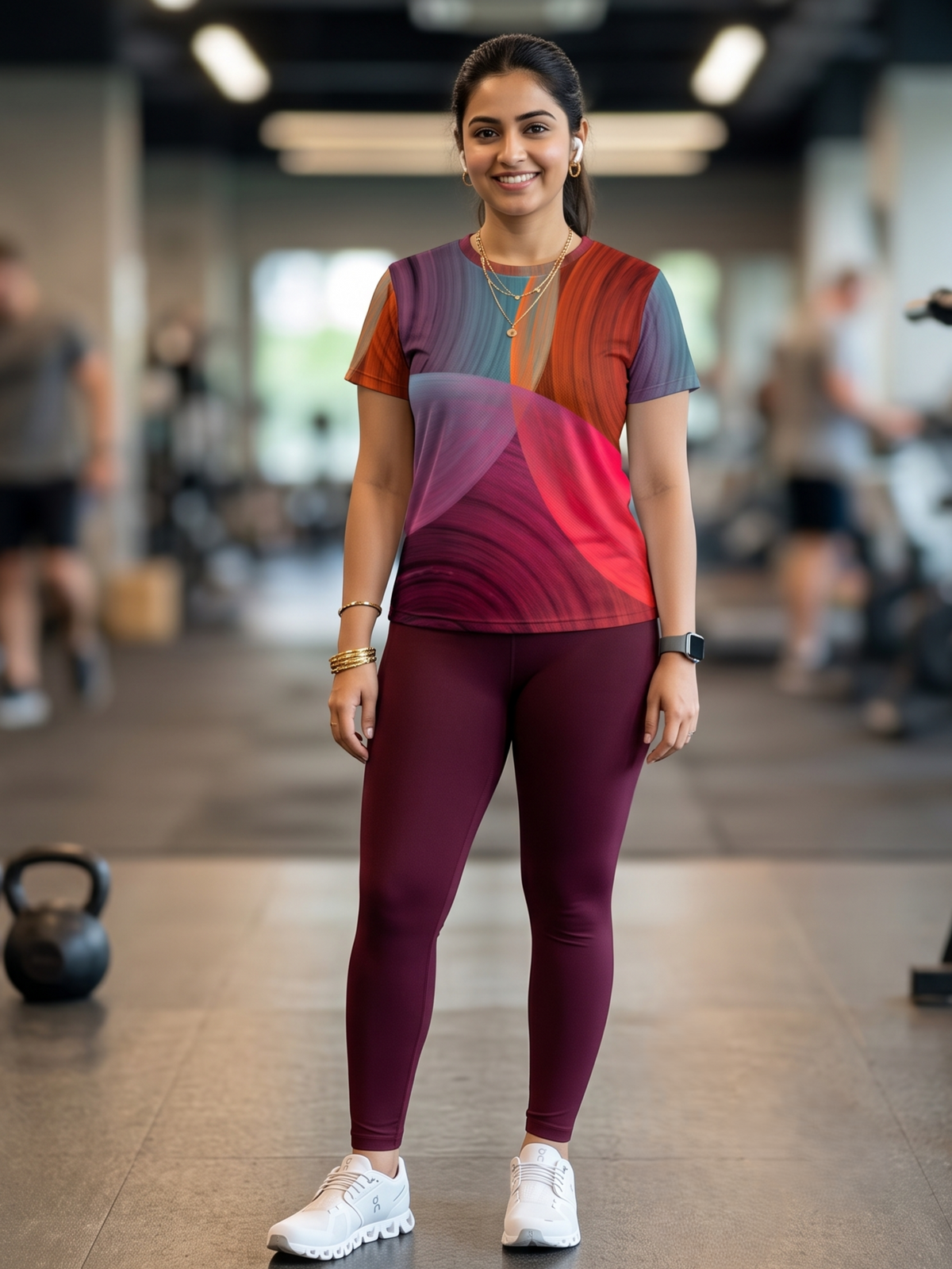 Bright Circular Print | Activewear Coord Set Tshirt With Tummy Tuck Wine Leggings | Multi Sport | Odour Free