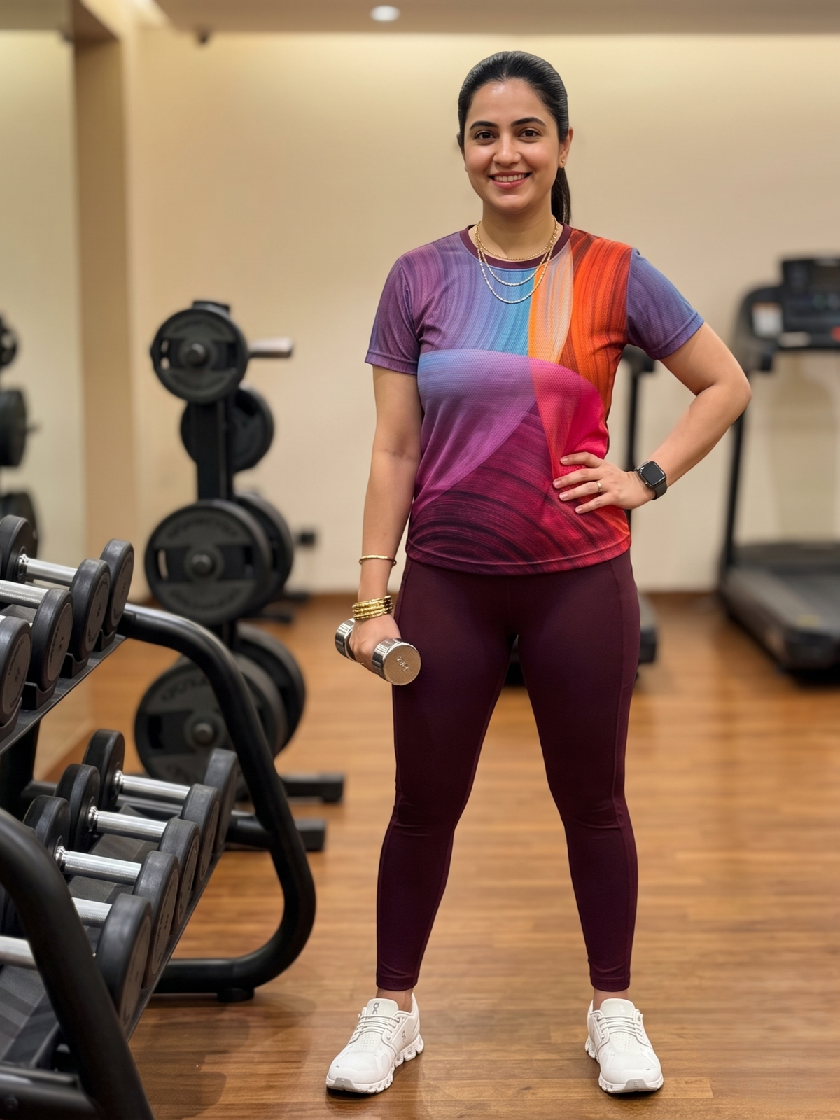 Bright Circular Print | Activewear Coord Set Tshirt With Tummy Tuck Wine Leggings | Multi Sport | Odour Free