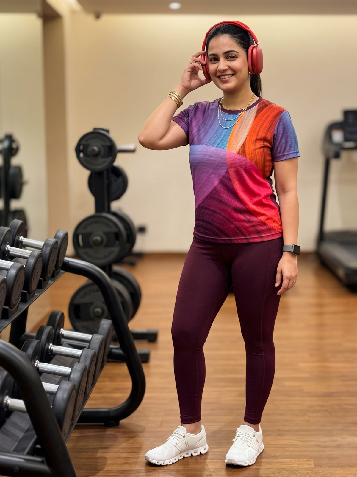 Bright Circular Print | Activewear Coord Set Tshirt With Tummy Tuck Wine Leggings | Multi Sport | Odour Free