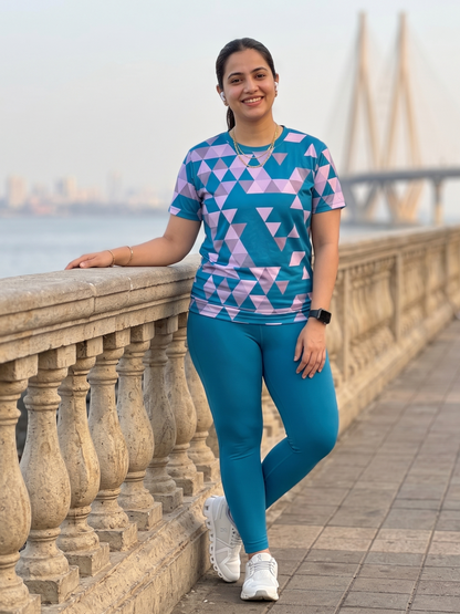 Attractive Triangular Print | Activewear Coord Set Tshirt With Tummy Tuck Blue Leggings | Multi Sport | Odour Free