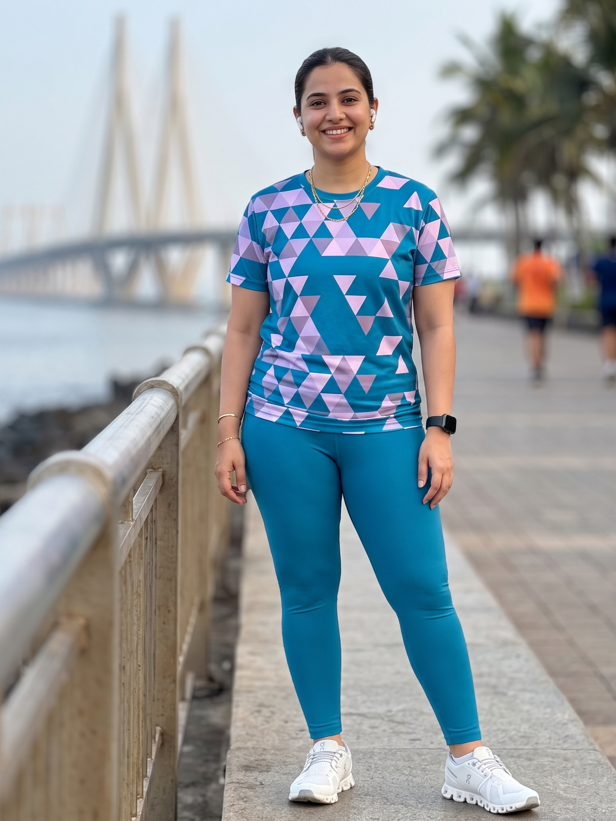 Attractive Triangular Print | Activewear Coord Set Tshirt With Tummy Tuck Blue Leggings | Multi Sport | Odour Free