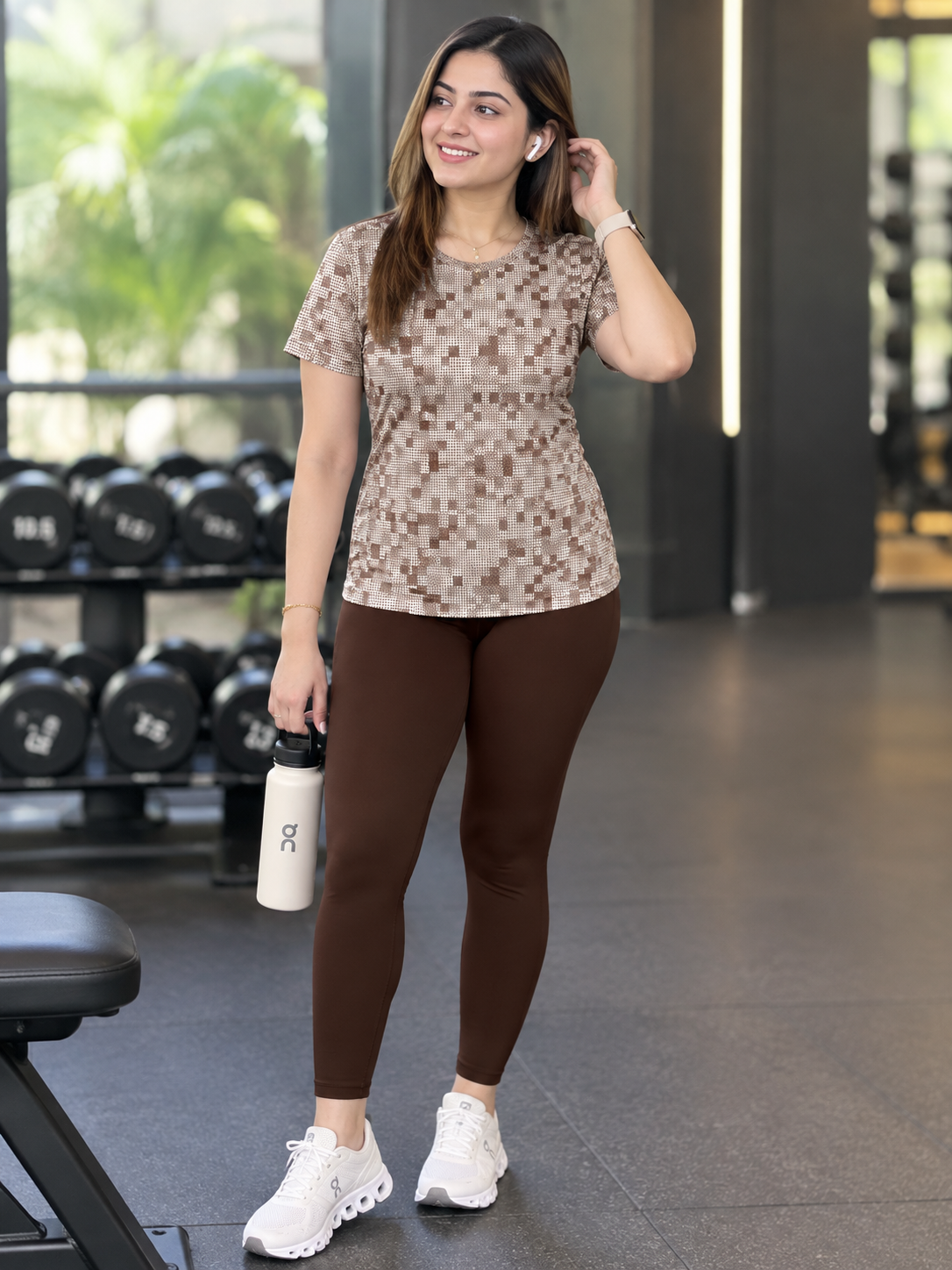 Bestseller Pixel Design | Activewear Coord Set Tshirt With Tummy Tuck Brown Leggings | Multi Sport | Odour Free