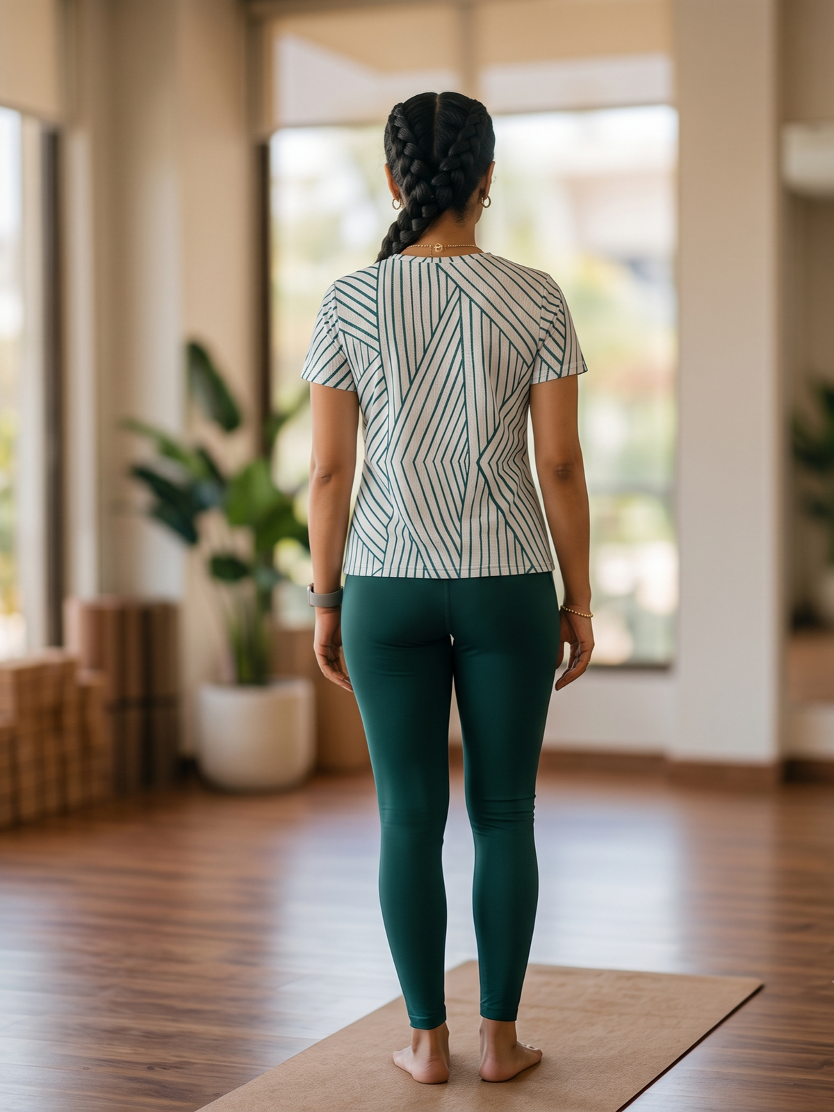Stylish Lines Design Print | Activewear Coord Set Tshirt With Tummy Tuck Green Leggings | Multi Sport | Odour Free