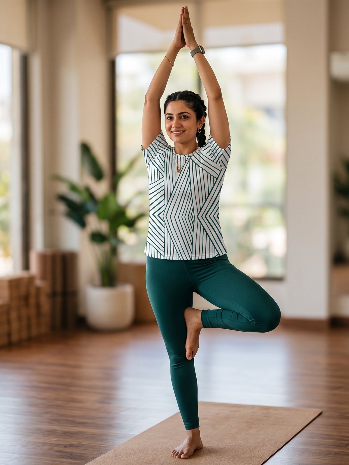 Stylish Lines Design Print | Activewear Coord Set Tshirt With Tummy Tuck Green Leggings | Multi Sport | Odour Free