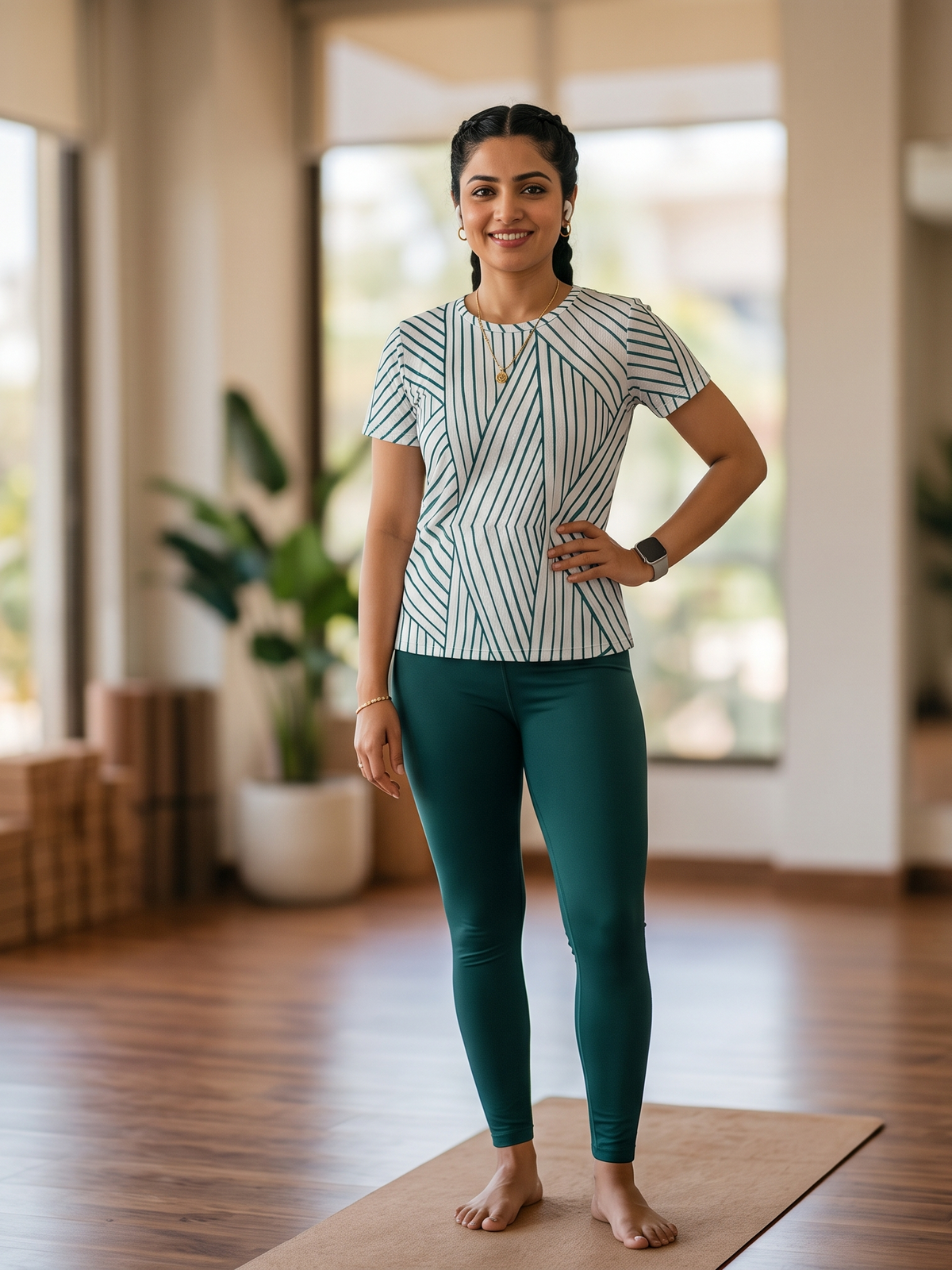 Stylish Lines Design Print | Activewear Coord Set Tshirt With Tummy Tuck Green Leggings | Multi Sport | Odour Free