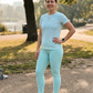 Pastel Lines Design Print | Activewear Coord Set Tshirt With Tummy Tuck Blue Leggings | Multi Sport | Odour Free