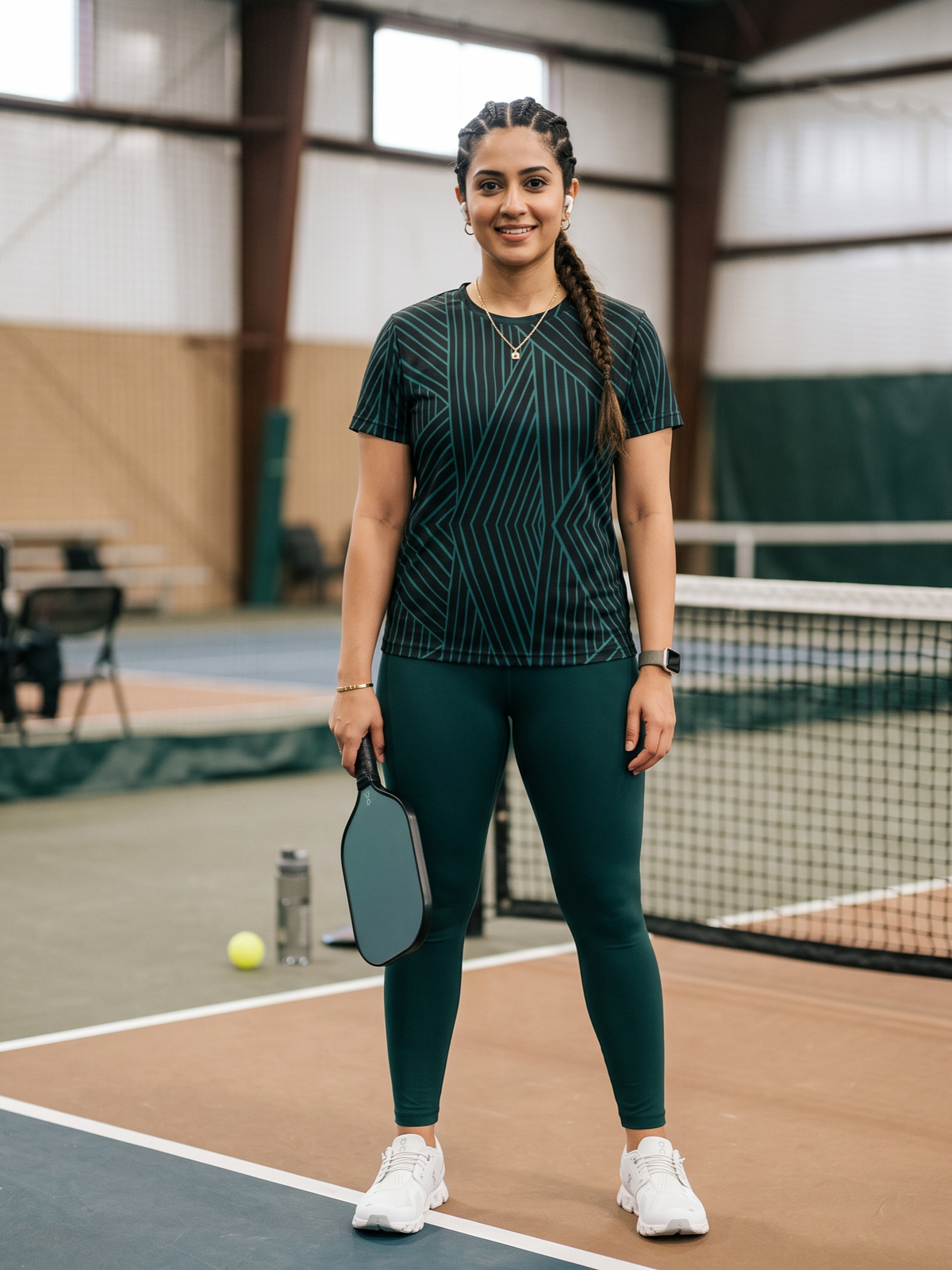 Modish Lines Design Print | Activewear Coord Set Tshirt With Tummy Tuck Green Leggings | Multi Sport | Odour Free