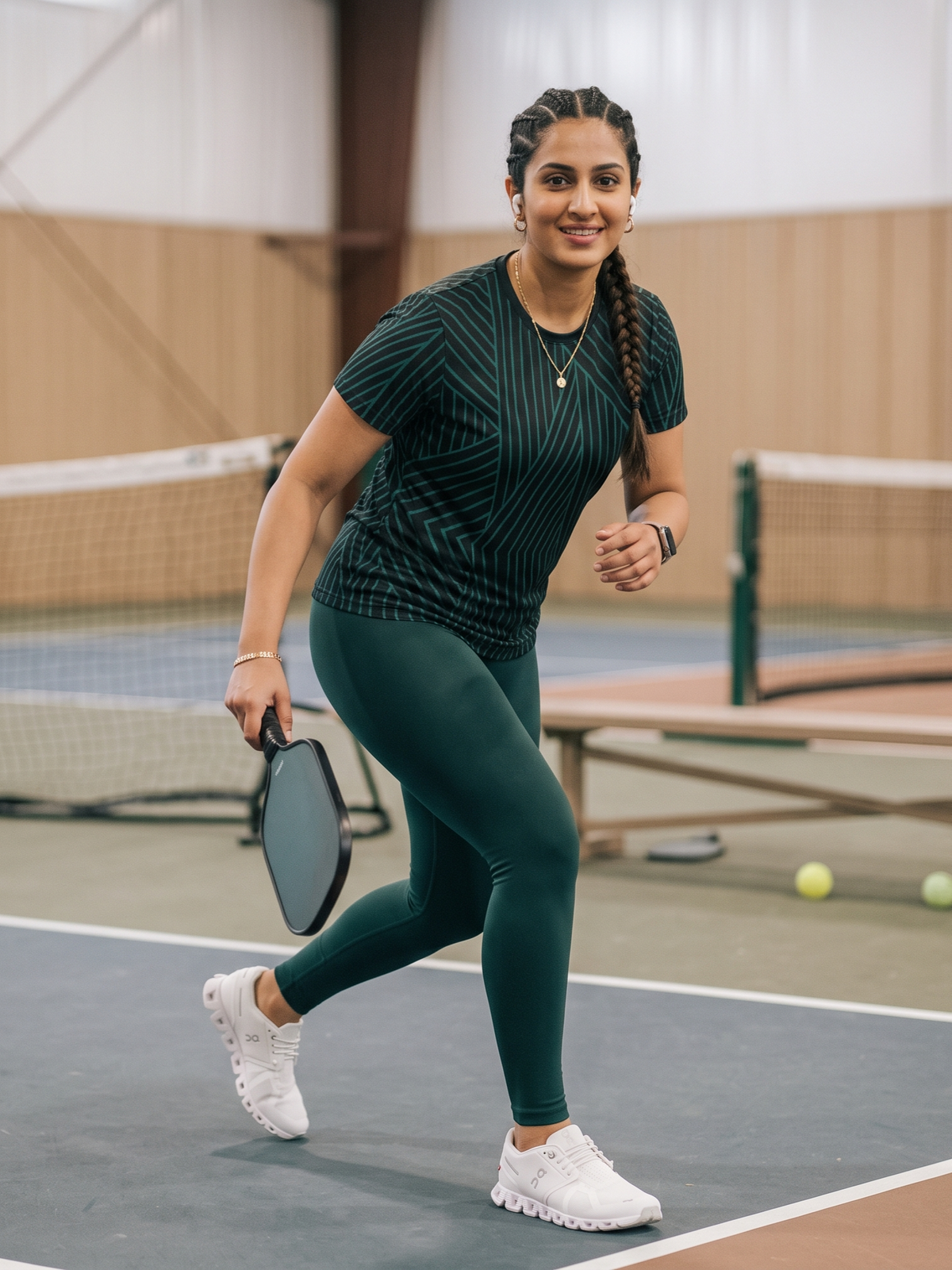 Modish Lines Design Print | Activewear Coord Set Tshirt With Tummy Tuck Green Leggings | Multi Sport | Odour Free