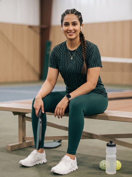 Modish Lines Design Print | Activewear Coord Set Tshirt With Tummy Tuck Green Leggings | Multi Sport | Odour Free