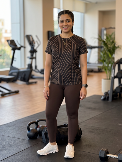 Sharp Lines Design Print | Activewear Coord Set Tshirt With Tummy Tuck Brown Leggings | Multi Sport | Odour Free
