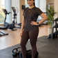 Sharp Lines Design Print | Activewear Coord Set Tshirt With Tummy Tuck Brown Leggings | Multi Sport | Odour Free
